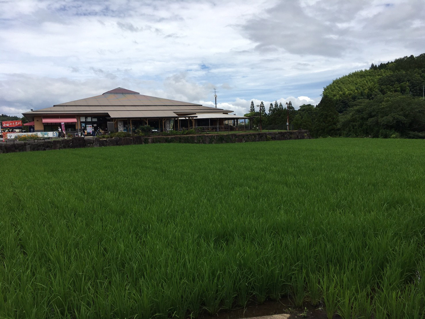 原尻の滝周辺の田園風景と道の駅方面の建物