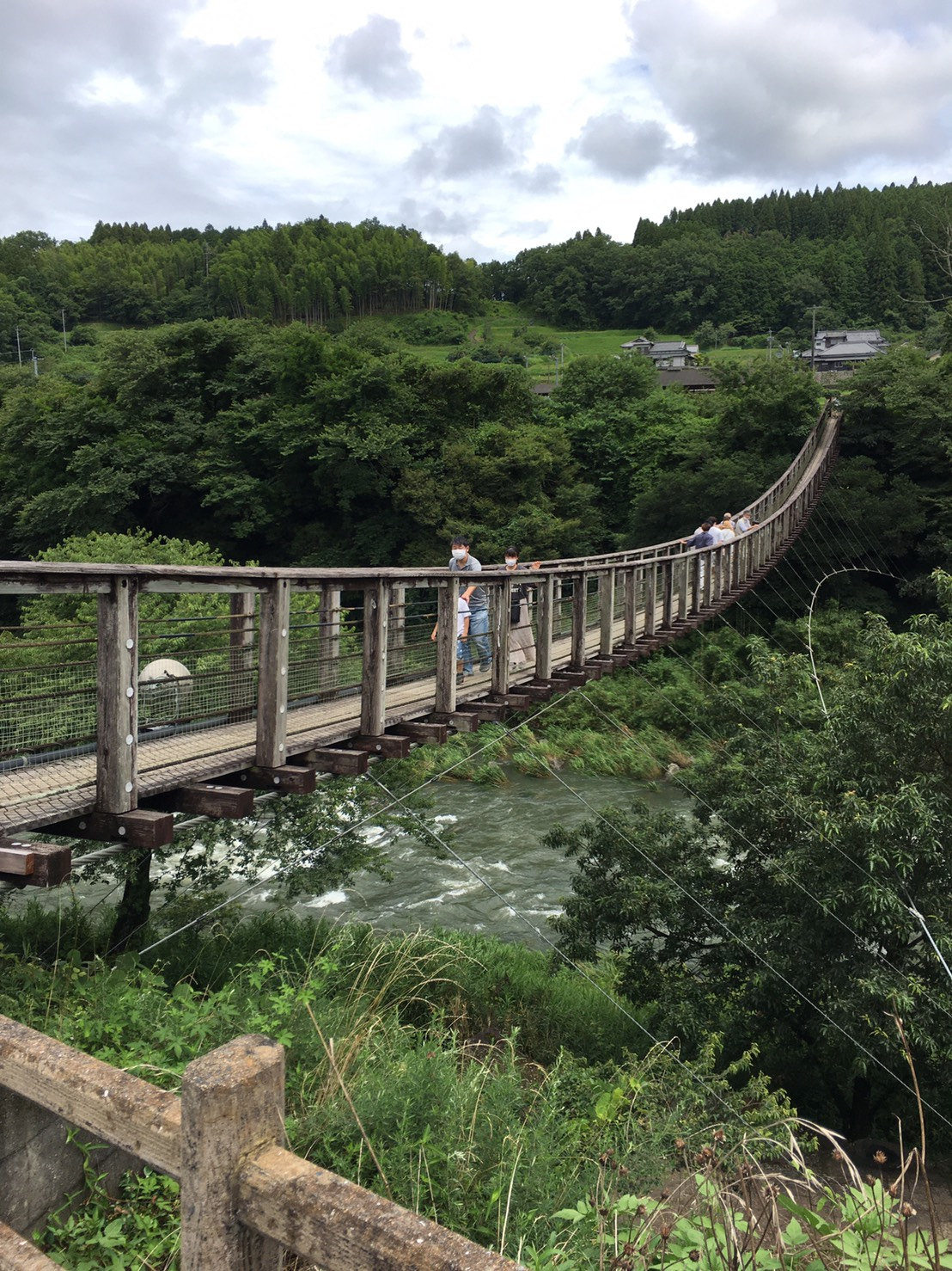 川の上に長く架かる原尻の滝の吊り橋・滝見橋を横から見た姿