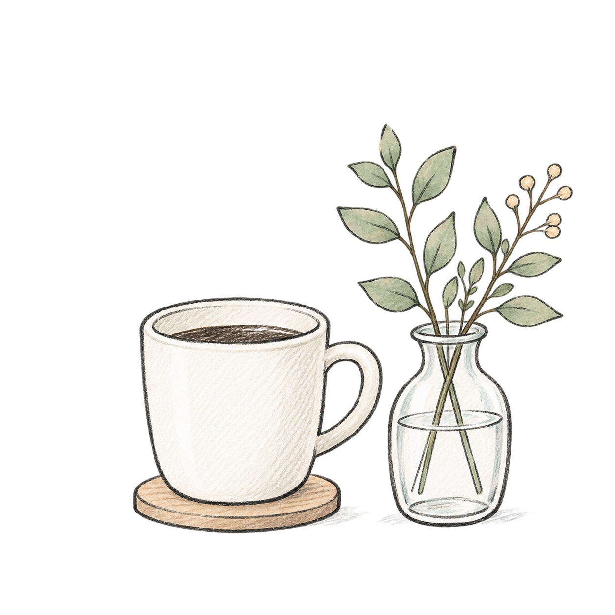 マグカップと植物の手描きイラスト
