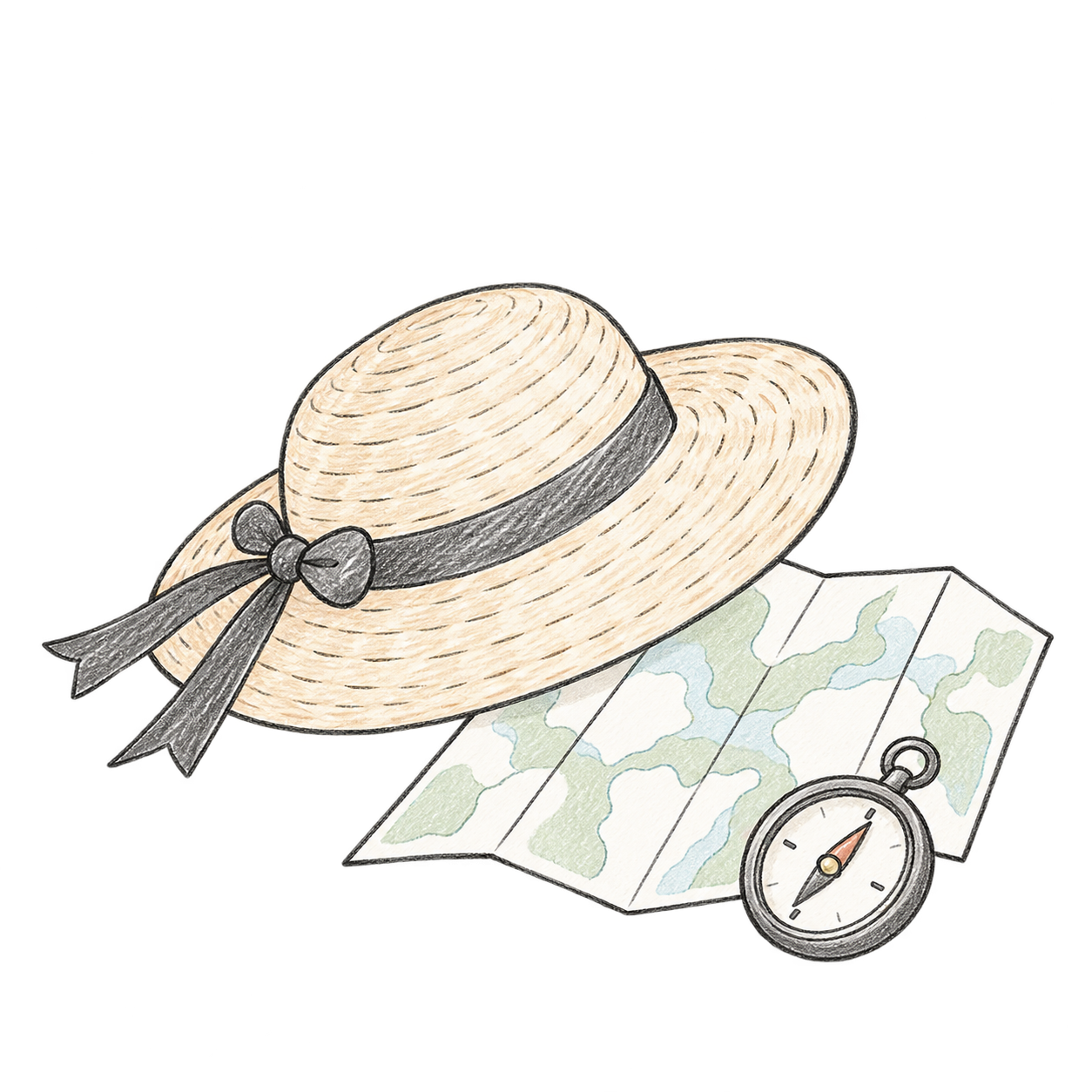 帽子と地図など旅行小物の手描きイラスト
