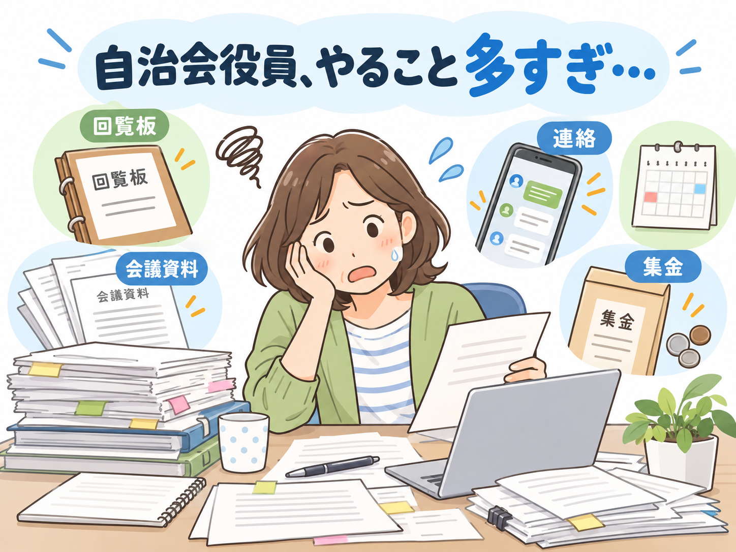 回覧板や会議資料、連絡や集金など、自治会役員に集中する仕事の負担を描いたイラスト