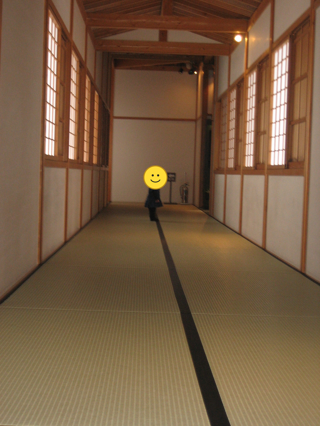 2009年の佐賀城の館内、木の梁と障子に囲まれた畳敷きの長い通路を幼い子どもが歩く様子