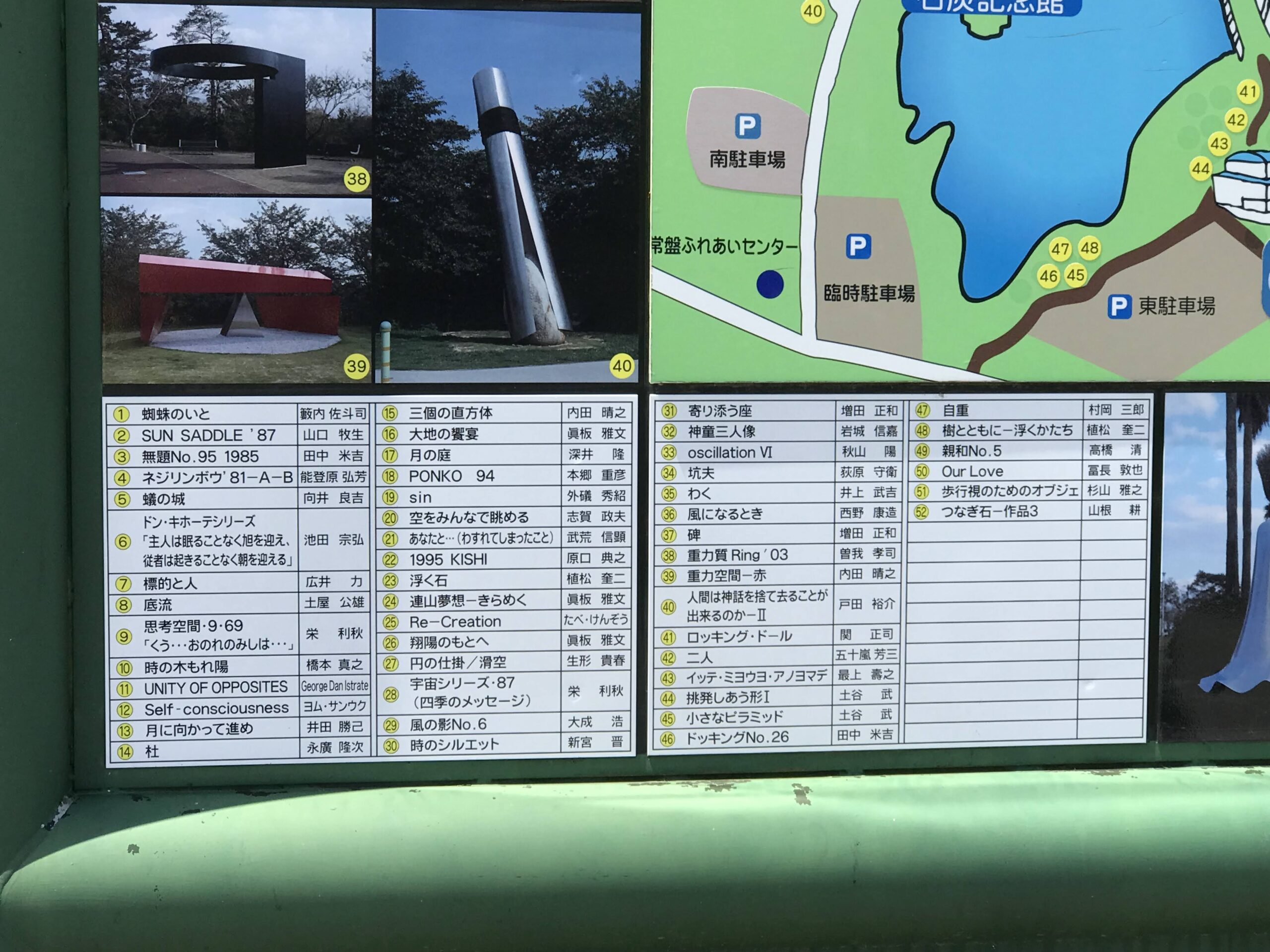 ときわ公園の彫刻ガイドに記載された作品名と作者名の一覧