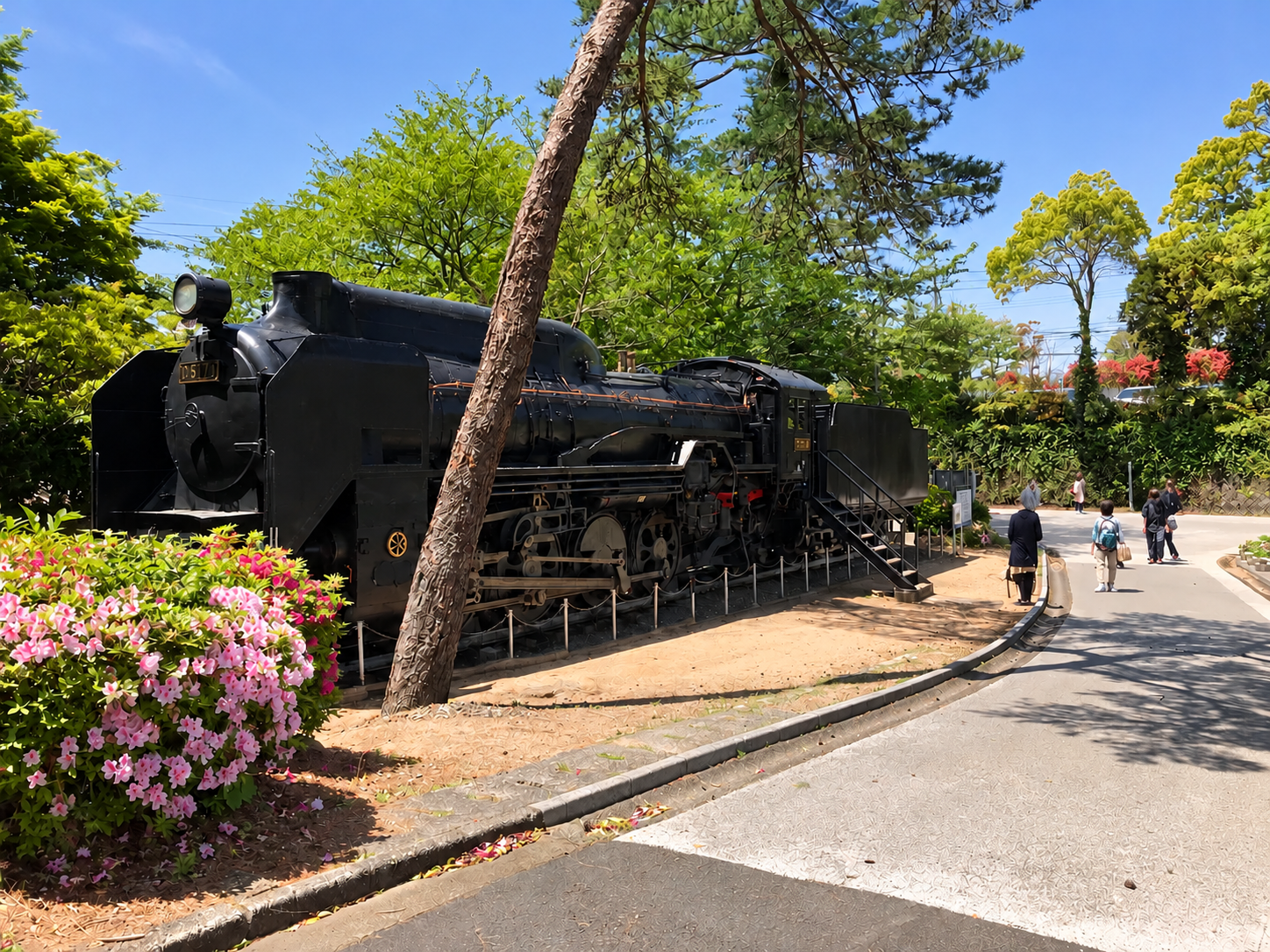 春の花と緑に囲まれて展示されている黒い蒸気機関車