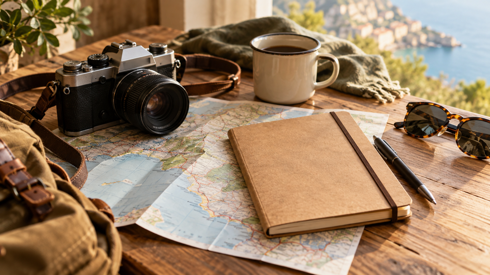 旅行ノートと地図、カメラなどの旅の小物