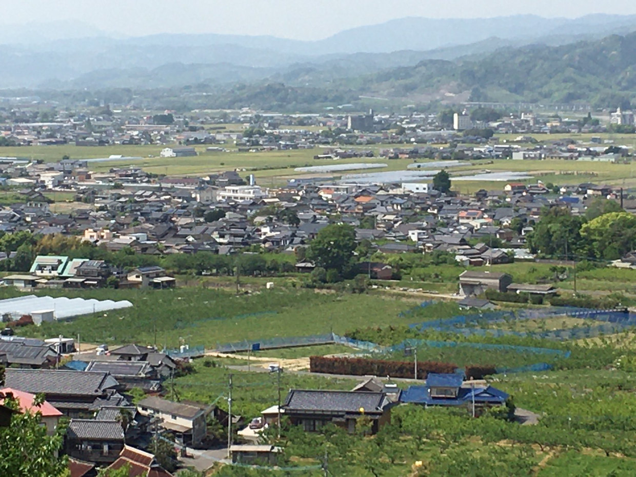 浮羽稲荷神社から見下ろす住宅地や田畑の広がる筑後平野