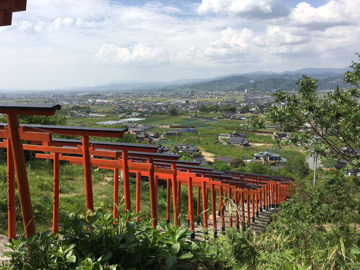 朱色の鳥居が斜面に連なり、奥に筑後平野が広がる浮羽稲荷神社の景色